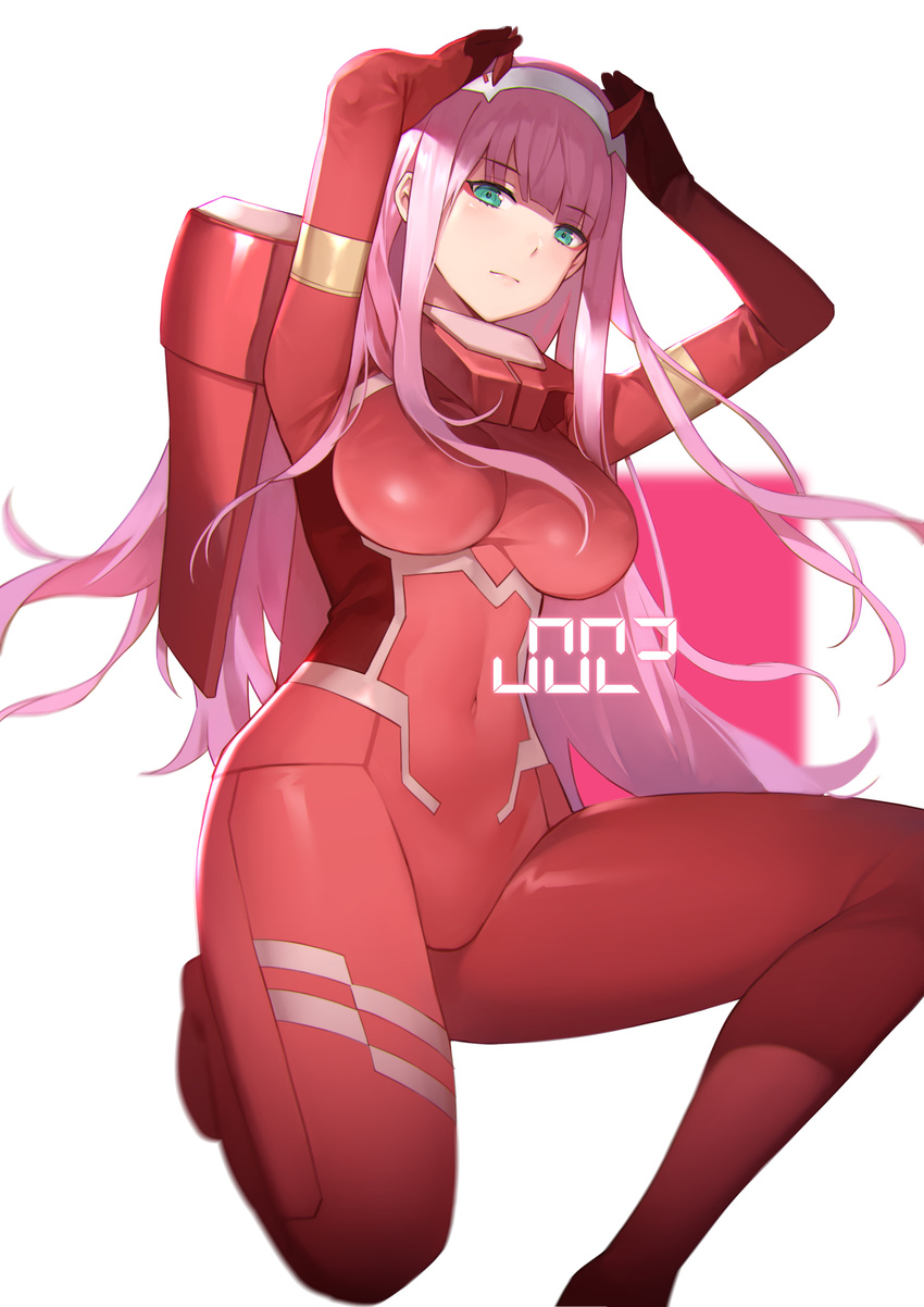 absurdres aqua_eyes arms_up bangs blush bodysuit breasts character_name closed_mouth commentary covered_navel darling_in_the_franxx eyebrows_visible_through_hair hairband hands_on_own_head highres horns light_smile long_hair looking_at_viewer medium_breasts one_knee pilot_suit pink_hair red_bodysuit shiny shiny_clothes shiny_hair shiny_skin skin_tight smile solo white_background white_hairband yykuaixian zero_two_(darling_in_the_franxx)