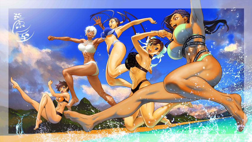 abs antenna_hair asymmetrical_hair barefoot bikini black_hair blue_eyes blue_sky breasts brown_hair bun_cover chun-li cornrows dark_skin day double_bun earrings elena_(street_fighter) hagiwara_kazushi highres hoop_earrings ibuki_(street_fighter) jewelry jumping kasugano_sakura large_breasts laura_matsuda long_hair long_legs medium_breasts multiple_girls ocean official_art one_eye_closed short_hair sideboob sky splashing stomach street_fighter street_fighter_v swimsuit tankini toes toned undercut very_dark_skin very_long_hair white_hair