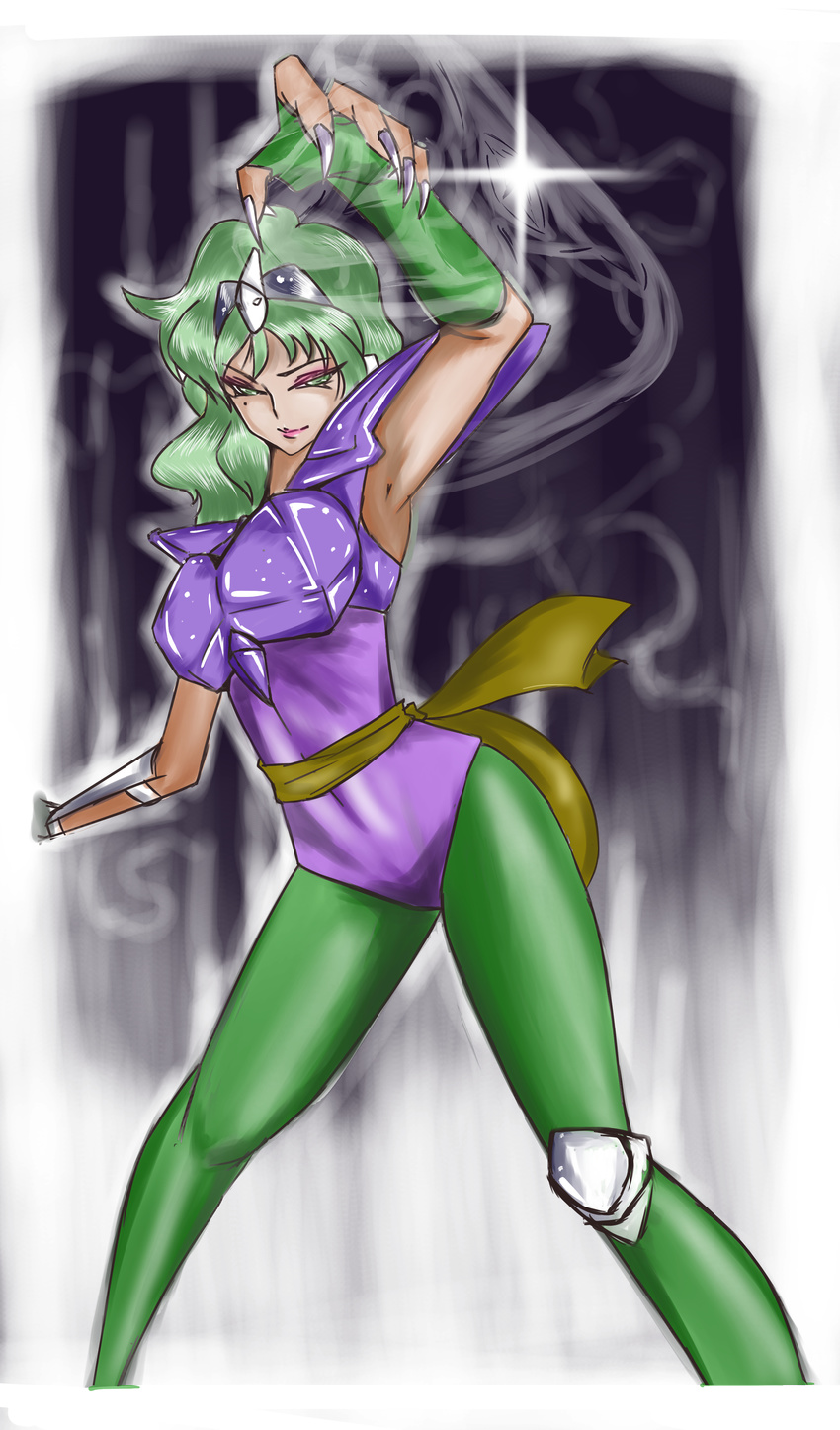 80s absurdres armor claw_pose green_eyes green_hair green_legwear highres mazo_buta nail_polish no_mask oldschool ophiuchus_shaina pantyhose purple_nails saint_seiya solo