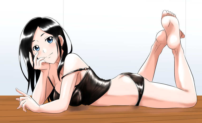 1girl ass barefoot black_hair blue_eyes butt_crack feet head_rest long_hair looking_at_viewer lying on_stomach soles strap_slip toes