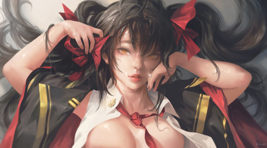 arms_up bangs black_hair breasts brown_eyes collared_shirt commentary_request g-tz girls_frontline hair_between_eyes hair_ribbon hand_on_own_face highres lips long_hair looking_at_viewer medium_breasts open_clothes open_shirt pink_lips qbz-97_(girls_frontline) red_neckwear ribbon shirt solo twintails upper_body white_shirt