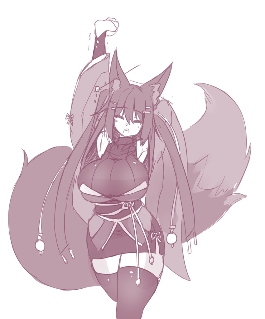 animal_ear_fluff animal_ears bangs breasts closed_eyes commentary ear_piercing eyebrows_visible_through_hair facing_viewer fox_ears fox_tail hair_between_eyes hair_ornament hairclip hairpin hand_up highres huge_breasts japanese_clothes kimono kiri_(sub-res) large_tail long_hair monochrome notched_ear obi open_mouth original piercing sash simple_background sketch solo sub-res tail tears thighhighs trembling twintails very_long_hair white_background