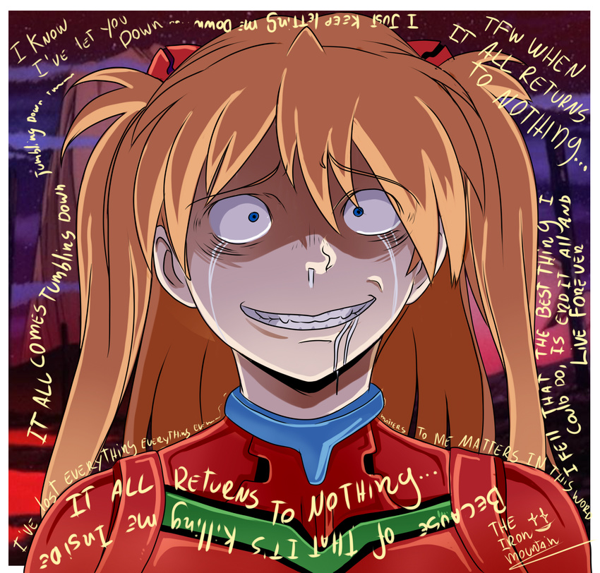 blank_stare blue_eyes bodysuit commentary constricted_pupils crying crying_with_eyes_open end_of_evangelion eyebrows_visible_through_hair grin highres meme neon_genesis_evangelion nervous_smile orange_hair red_bodysuit saliva smile snot solo souryuu_asuka_langley spoiler_check spoilers tears text_focus theironmountain upper_body
