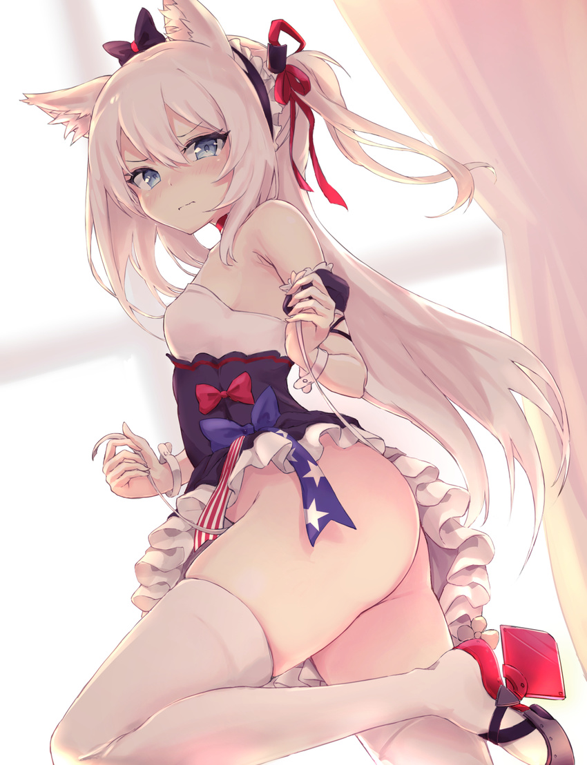 american_flag american_flag_print animal_ears ass azur_lane bangs bare_shoulders black_bow blue_eyes blush bow breasts cat_ears choker closed_mouth curtains detached_sleeves dress embarrassed eyebrows_visible_through_hair flag_print frilled_dress frills from_side hair_between_eyes hair_bow hair_ribbon haishiki hammann_(azur_lane) hands_up headdress highres holding indoors leg_up long_hair looking_at_viewer no_panties one_side_up open_mouth panties puffy_short_sleeves puffy_sleeves red_ribbon revision ribbon rudder_shoes shoes short_sleeves side-tie_panties sidelocks silver_hair small_breasts solo thighhighs thighs tsurime underwear untied untied_panties very_long_hair wavy_mouth white_hair white_legwear window wristband