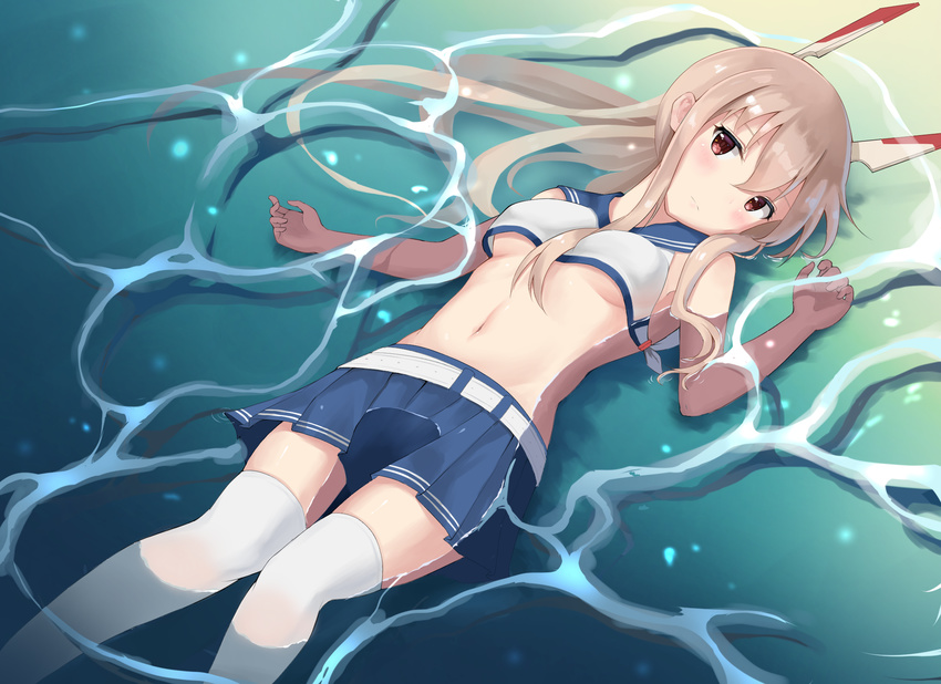 ayanami_(azur_lane) azur_lane bangs bare_arms bare_shoulders belt between_breasts blue_sailor_collar blue_skirt blush breasts brown_eyes closed_mouth commentary_request crop_top eyebrows_visible_through_hair hair_between_eyes head_tilt headgear highres knees_together_feet_apart light_brown_hair long_hair looking_at_viewer lying medium_breasts on_back partially_submerged pleated_skirt ponytail revision sailor_collar school_uniform serafuku shallow_water shirt sidelocks skirt sleeveless sleeveless_shirt solo thighhighs very_long_hair water wet wet_hair white_belt white_legwear white_shirt yuetsu