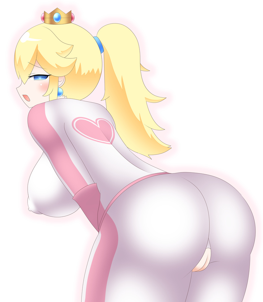 1girl artist_request ass bikesuit blonde_hair blue_eyes blush bodysuit breasts crown earrings erect_nipples gloves jewelry large_breasts leaning leaning_forward long_hair looking_at_viewer mario_(series) mario_kart mario_kart_8 open_mouth ponytail princess_peach pussy shiny shiny_clothes shiny_hair sideboob skin_tight smile solo