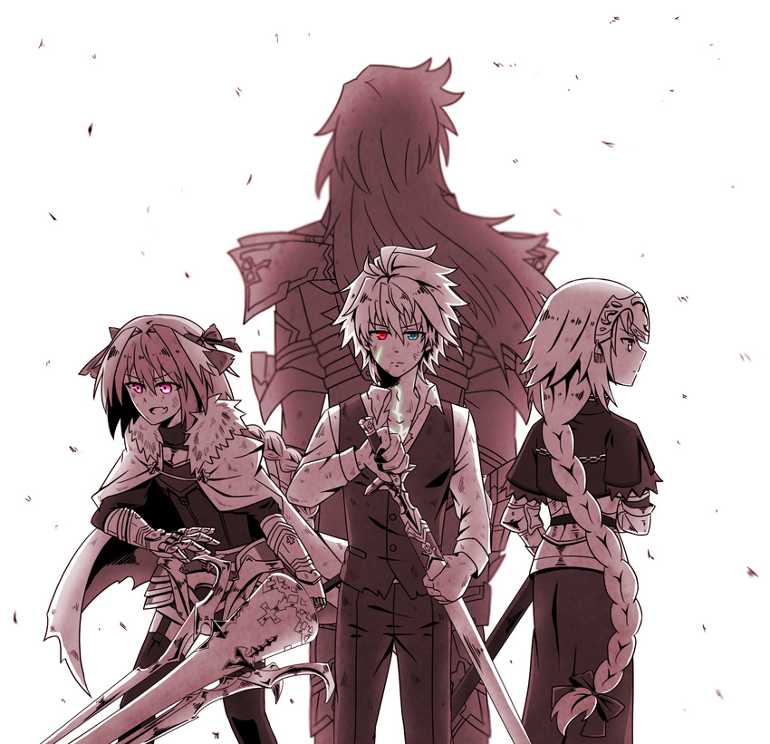 1girl 3boys ahoge armor armored_dress astolfo_(fate) back bangs braid cape capelet chains cloak commentary eyebrows_visible_through_hair fang fate/apocrypha fate_(series) fokwolf fur_trim garter_straps gauntlets green_eyes hair_between_eyes hair_ornament hair_ribbon headpiece heterochromia highres holding holding_sheath holding_spear holding_sword holding_weapon jeanne_d'arc_(fate) jeanne_d'arc_(fate)_(all) long_braid long_hair long_sleeves looking_back male_focus multicolored_hair multiple_boys multiple_monochrome pants pink_eyes polearm purple_eyes red_eyes ribbon ruler_(fate/apocrypha) saber_of_black scabbard sheath shirt short_hair sieg_(fate/apocrypha) single_braid skirt spear sword thighhighs thighs trap two-tone_hair very_long_hair waist_cape waistcoat weapon