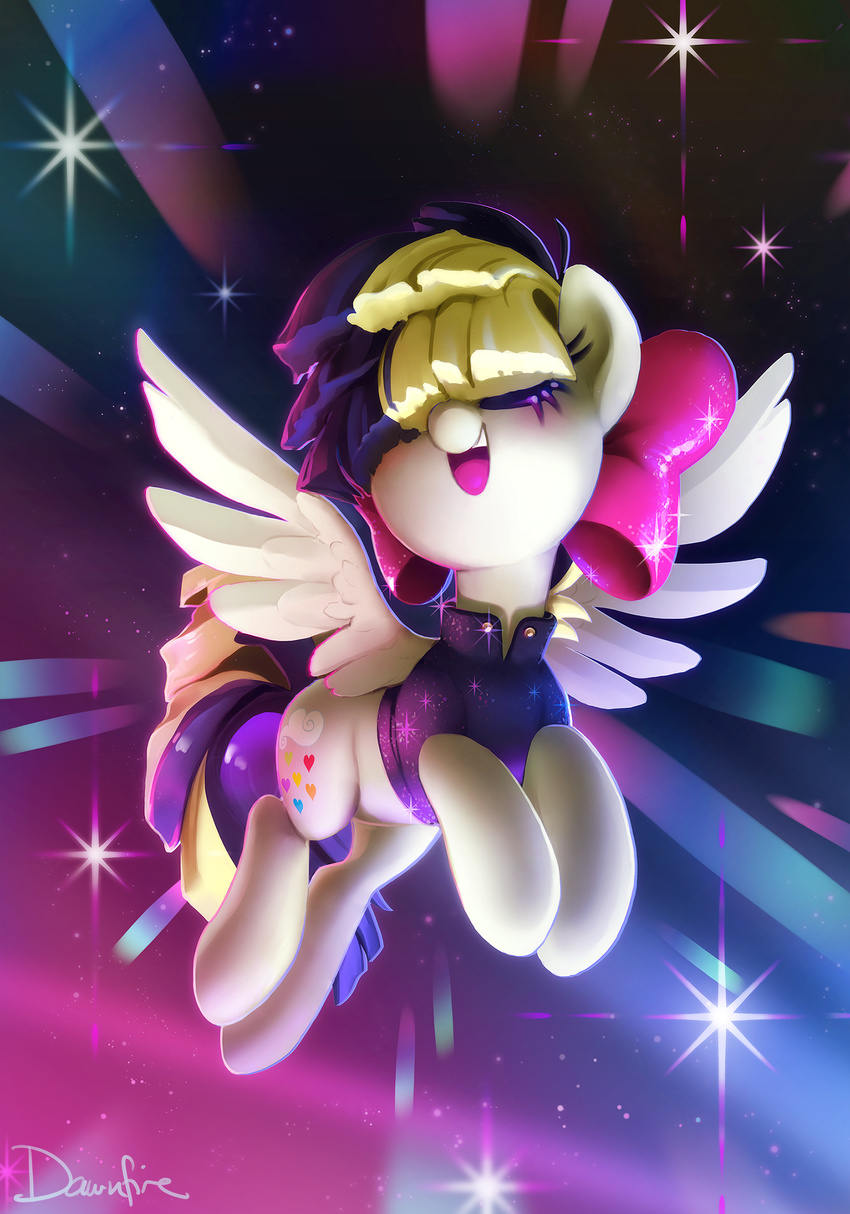 2018 bow celebi-yoshi clothing cute cutie_mark equine feathered_wings feathers female flying full-length_portrait hair hair_over_eyes makeup mammal mascara mostly_nude multicolored_hair my_little_pony my_little_pony_the_movie open_mouth pegasus portrait ribbons shirt signature singing solo songbird_serenade_(mlp) sparkles suspended_in_midair teeth tongue two_tone_hair wings