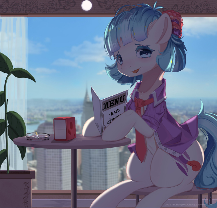 2018 ashtray blue_eyes blush building cigarette city clothing cloud coco_pommel_(mlp) cute cutie_mark cyan_hair earth_pony english_text equine eyebrows female flower flower_in_hair friendship_is_magic full-length_portrait hi_res horse inside light looking_at_viewer makeup mammal mascara menu my_little_pony napkin necktie plant pony portrait restaurant shirt sitting sky skyscraper smile solo stool table text togeticisa tongue tongue_out window