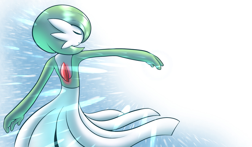 1girl arm_up blue_background eyes_closed female from_behind gardevoir gradient gradient_background green_hair hair_over_one_eye highres laranthrod no_humans outstretched_arm pokemon pokemon_(creature) pokemon_rse short_hair simple_background solo standing white_background