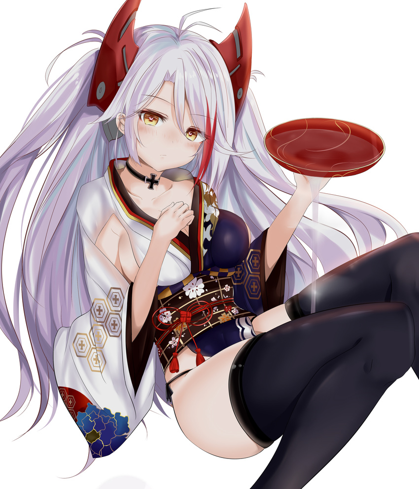 absurdres alcohol antenna_hair ass azur_lane bangs black_choker black_legwear black_panties black_ribbon blush breasts choker cleavage closed_mouth collarbone commentary_request cup eyebrows eyebrows_visible_through_hair eyes_visible_through_hair feet_out_of_frame fingernails floral_print food fur_trim hair_between_eyes hair_intakes hair_ornament hand_up head_tilt heart heart-shaped_pupils highres holding holding_cup iron_cross japanese_clothes kimono large_breasts lips long_fingernails long_hair long_sleeves looking_at_viewer multicolored_hair nail_polish no_bra obi open_mouth orange_eyes panties pelvic_curtain pink_lips pouring prinz_eugen_(azur_lane) red_hair red_nails ribbon ru_zhai sakazuki sake sash seigaiha shoes side-tie_panties side_slit sideboob silver_hair skindentation solo streaked_hair symbol-shaped_pupils tabi tachi-e thighhighs thighs tongue two-tone_hair two_side_up underwear very_long_hair wagashi wide_sleeves