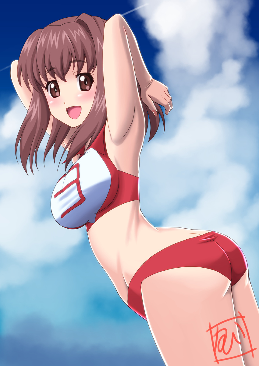 adapted_uniform armpits arms_behind_head artist_name ass bangs bikini breasts brown_eyes brown_hair cloud cloudy_sky commentary_request cowboy_shot day eyebrows_visible_through_hair from_side girls_und_panzer highres kondou_taeko looking_at_viewer looking_back medium_breasts open_mouth outdoors red_bikini short_hair signature sky smile solo sportswear standing swimsuit t_k volleyball_uniform