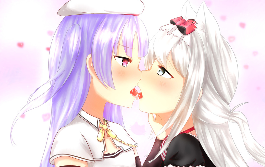 ajax_(azur_lane) animal_ears azur_lane bangs beret black_dress blurry blurry_background blush bow cat_ears choker commentary depth_of_field detached_sleeves dress eye_contact eyebrows_visible_through_hair french_kiss from_side grey_eyes hair_bow hammann_(azur_lane) hat highres kiss long_hair long_sleeves looking_at_another multiple_girls one_side_up profile purple_eyes purple_hair red_bow red_choker saliva shirt sidelocks silver_hair striped tongue tongue_out vertical_stripes very_long_hair white_hat white_shirt yuri yuujoduelist
