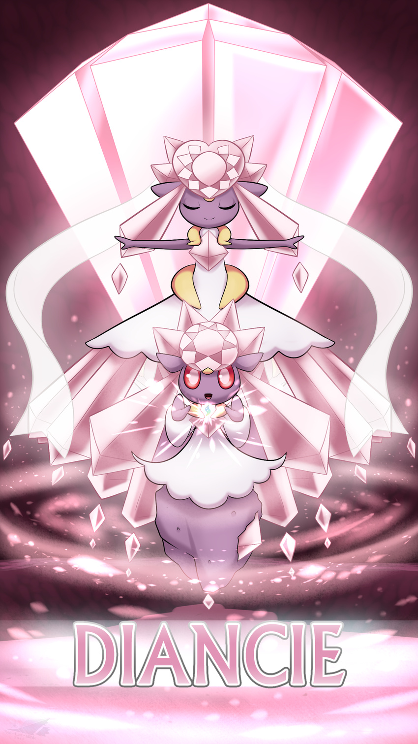 2girls absurdres arms_up artist_name character_name crystal dated diancie dual_persona energy english eyes_closed female full_body gem hands_up highres laranthrod looking_at_viewer mega_diancie mega_pokemon mega_stone multiple_girls no_humans open_mouth outstretched_arms pink_eyes pokemon pokemon_(creature) pokemon_xy red_sclera smile spread_arms text veil watermark