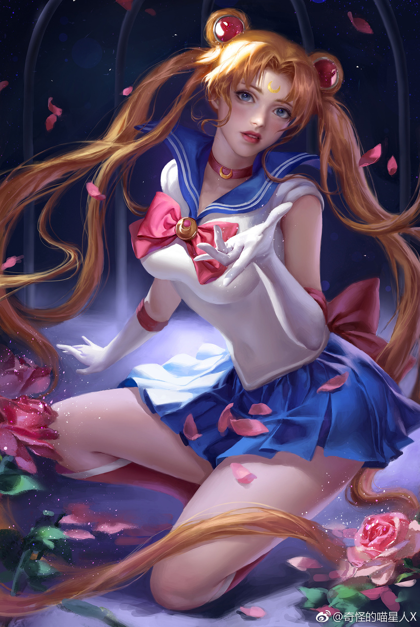 absurdres bishoujo_senshi_sailor_moon blonde_hair blue_eyes blue_sailor_collar blue_skirt breasts collar crescent_moon dress duplicate elbow_gloves facial_tattoo flower gloves hair_ornament highres large_breasts long_hair looking_at_viewer md5_mismatch moon parted_lips petals ponytail reaching_out red_footwear red_ribbon ribbon rose sailor_collar sailor_dress sailor_moon sailor_senshi_uniform skirt solo squatting tattoo tsukino_usagi very_long_hair watermark weibo_username white_gloves y_xun