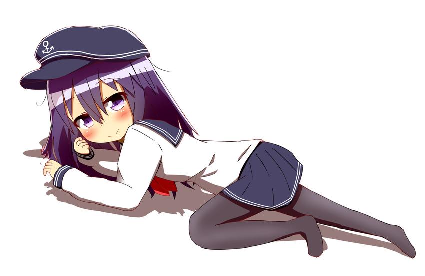 absurdres akatsuki_(kantai_collection) anchor_symbol bangs black_hat black_legwear black_skirt closed_mouth commentary_request dutch_angle eyebrows_visible_through_hair flat_cap full_body hair_between_eyes hat highres idaten93 kantai_collection long_sleeves looking_at_viewer looking_away neckerchief no_shoes pantyhose pleated_skirt purple_eyes purple_hair red_neckwear school_uniform serafuku shirt simple_background skirt sleeves_past_wrists smile solo white_background white_shirt