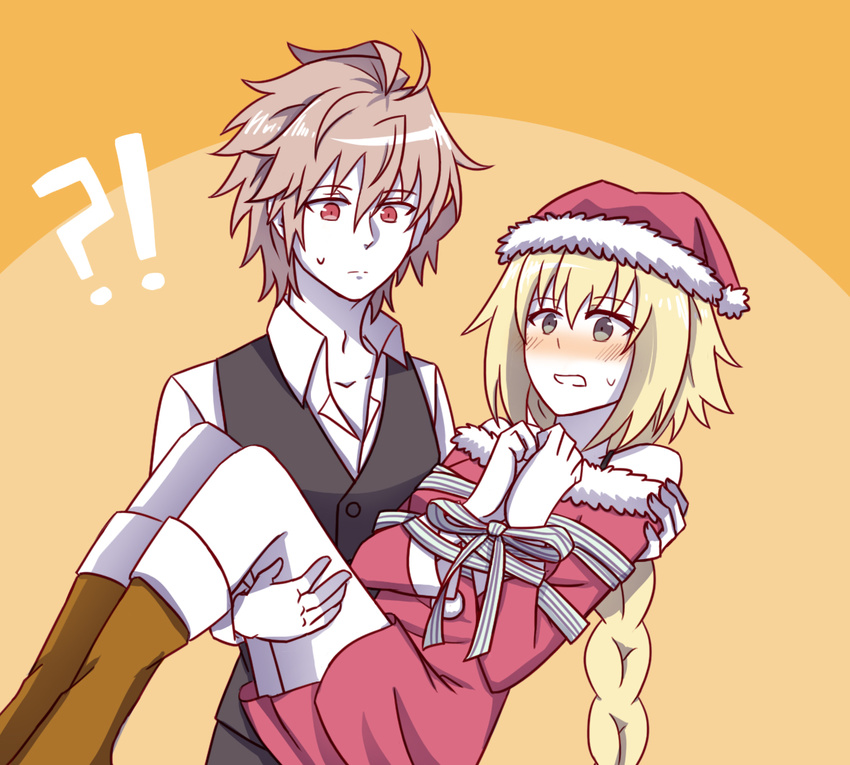 1boy 1girl brown_hair carrying christmas christmas_outfit couple fate/apocrypha fate_(series) female fokwolf hat jeanne_d'arc_(fate) jeanne_d'arc_(fate)_(all) male pale_skin princess_carry red_eyes ruler_(fate/apocrypha) santa_boots santa_costume santa_dress santa_hat short_hair sieg_(fate/apocrypha)