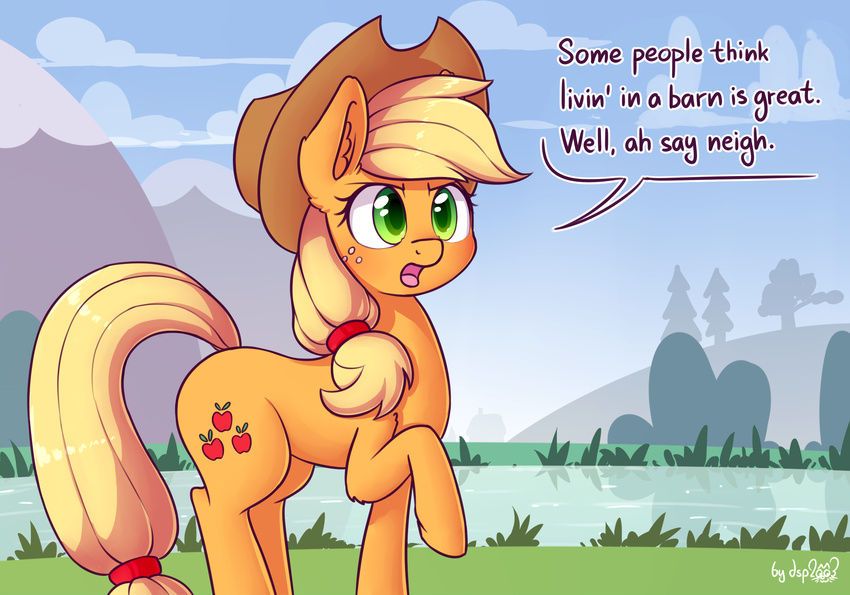 2017 applejack_(mlp) blonde_hair cloud creek cutie_mark dialogue dsp2003 earth_pony english_text equine eyebrows eyelashes female freckles friendship_is_magic full-length_portrait fur grass green_eyes hair hat hi_res horse inner_ear_fluff looking_at_viewer mammal mountain my_little_pony nude open_mouth outside pony portrait serious signature sky solo speech_bubble text tongue tree water