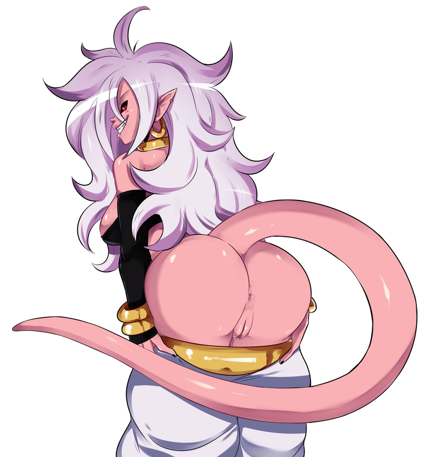 absurdres alternate_form android_21 anus ass black_sclera commentary dragon_ball dragon_ball_fighterz earrings evil_smile from_behind highres hoop_earrings jewelry lavender_hair looking_at_viewer majin_android_21 messy_hair pants_down pants_pull pink_skin pointy_ears pussy radlionheart red_eyes smile solo tail transparent_background