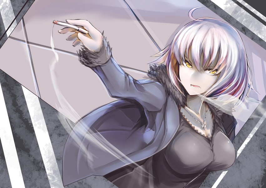 absurdres ahoge black_dress black_shirt blue_jacket breasts cigarette coat commentary_request dress fate/grand_order fate_(series) fur-trimmed_coat fur_trim highres holding holding_cigarette jacket jeanne_d'arc_(alter)_(fate) jeanne_d'arc_(fate)_(all) jewelry ku-ba large_breasts long_sleeves necklace open_clothes open_jacket parted_lips pink_hair shirt short_hair smoke solo upper_body wicked_dragon_witch_ver._shinjuku_1999 yellow_eyes