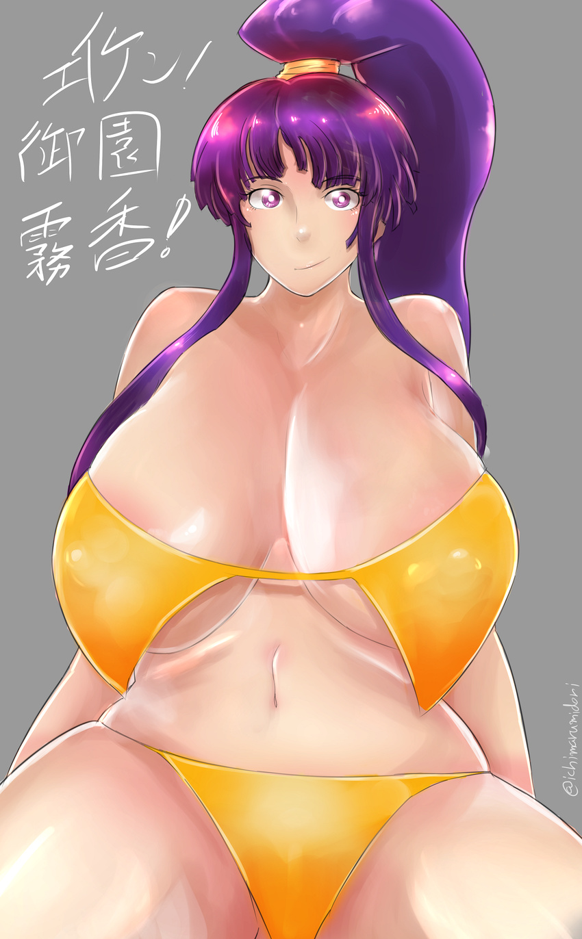 00s 1girl bikini breasts eiken huge_breasts long_hair misono_kirika ponytail purple_eyes purple_hair skirt