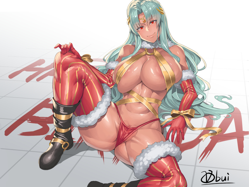 areola_slip areolae artist_name bare_shoulders black_footwear blue_hair breasts circlet cleavage daniella_(sennen_sensou_aigis) dark_skin elbow_gloves gloves hair_ornament huge_breasts long_hair looking_at_viewer navel o-ring o-ring_top obui red_eyes red_gloves red_legwear ribbon sennen_sensou_aigis signature sitting smile solo thick_thighs thighhighs thighs yellow_ribbon