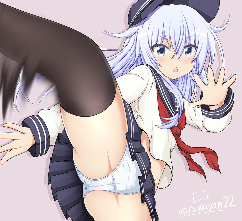 ass black_legwear blue_eyes blush commentary_request hat hibiki_(kantai_collection) high_kick kantai_collection kicking long_hair looking_at_viewer motion_blur neckerchief open_mouth panties pantyshot pantyshot_(kicking) red_neckwear school_uniform serafuku silver_hair skirt solo tamayan thighhighs triangle_mouth twitter_username underwear upskirt white_panties