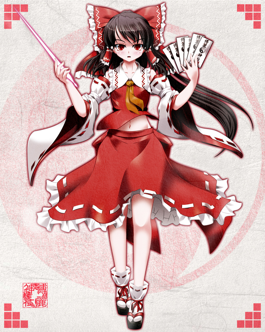 absurdres arms_up ascot bangs blush bow brown_hair commentary_request detached_sleeves eyebrows_visible_through_hair frilled_shirt_collar frills full_body gohei hair_between_eyes hair_bow hair_tubes hakurei_reimu highres holding long_hair looking_at_viewer midriff midriff_peek multicolored multicolored_background multicolored_clothes multicolored_footwear multicolored_legwear navel patterned_background platform_footwear red_eyes ribbon-trimmed_sleeves ribbon_trim sandals side_b sidelocks skirt skirt_set solo standing touhou very_long_hair wide_sleeves yellow_neckwear