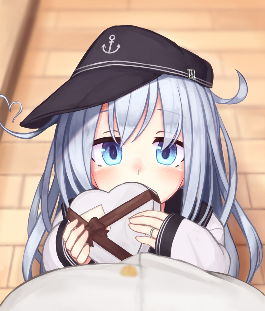 1boy 1girl admiral_(kantai_collection) ahoge anchor_symbol bangs black_hat black_sailor_collar blurry blush box commentary_request covered_mouth depth_of_field eyebrows_visible_through_hair eyes_visible_through_hair flat_cap from_above gift gift_box hat heart-shaped_box heart_ahoge hibiki_(kantai_collection) highres holding holding_box holding_gift jewelry kantai_collection long_hair long_sleeves looking_at_viewer looking_up pavement pov reitou_mikan ring sailor_collar school_uniform serafuku sideways_hat silver_hair sleeves_past_wrists solo_focus valentine wedding_band