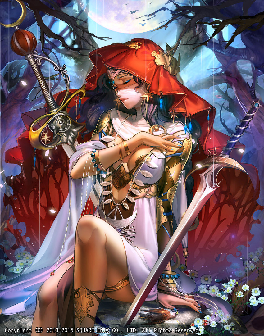 blue_nails bra bracelet breasts cloak closed_eyes closed_mouth emperors_saga eyeshadow fingernails full_moon hand_up highres jewelry knee_up large_breasts liduke makeup moon nail_polish official_art planted_sword planted_weapon sitting solo sword tiara tree underwear watermark weapon