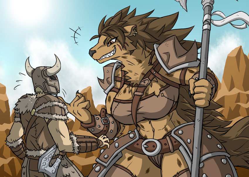 anthro armor axe body_armor brown_eyes chest_tuft claws clothed clothing duo ear_piercing fangs female gnoll grin helmet horn horned_helmet human hyena larger_female male mammal mane melee_weapon navel neck_tuft outside piercing rakkuguy size_difference sky smaller_male smile spots standing teeth tuft unconvincing_armor weapon