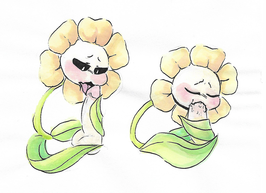 black_sclera blush disembodied_penis erection fangs flora_fauna flower flowey_the_flower leaf male melonpussy not_furry open_mouth oral penis petals plant saliva solo sucking tongue tongue_out undertale video_games