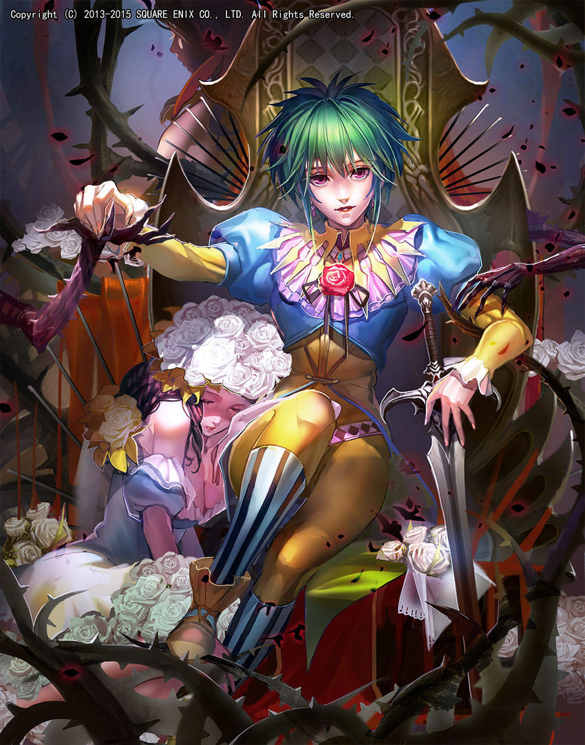 asellus_(saga_frontier) bangs bare_shoulders blonde_hair blue_dress breasts cleavage closed_eyes dress emperors_saga flower green_hair highres large_breasts liduke long_sleeves looking_at_viewer multiple_girls official_art parted_lips plant planted_sword planted_weapon puffy_short_sleeves puffy_sleeves purple_eyes red_flower red_lips red_rose rose saga saga_frontier short_over_long_sleeves short_sleeves sitting skirt smile square_enix sword vines watermark weapon white_flower white_rose white_skirt
