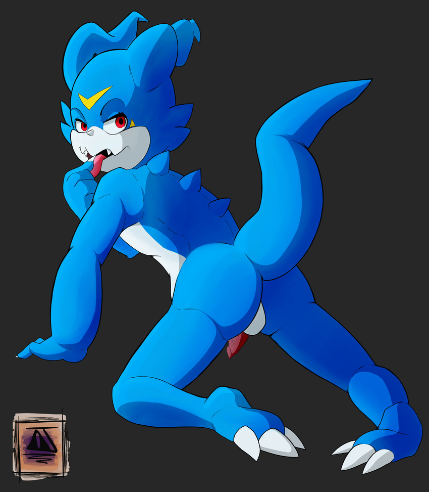 anthro blue_skin butt claws digimon doritomon looking_at_viewer male penis pose presenting raised_tail red_eyes simple_background solo tongue veemon