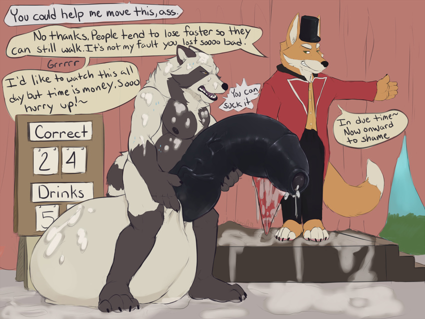 2018 anthro ball_growth balls big_balls big_penis black_nose black_penis canine clothing comic cum cum_leaking cum_on_face cum_on_own_face cum_on_self dialogue digital_media_(artwork) dragging duo ejaculation english_text excessive_cum flaccid forced fox fur game_(disambiguation) game_show growth heavy holding_penis huge_balls huge_penis humanoid_penis humiliation hyper hyper_balls hyper_penis keith koorivlf male mammal messy nipples nude open_mouth penis penis_growth slightly_chubby smile speech_bubble standing tanuki text thick_penis uncut vein veiny_penis