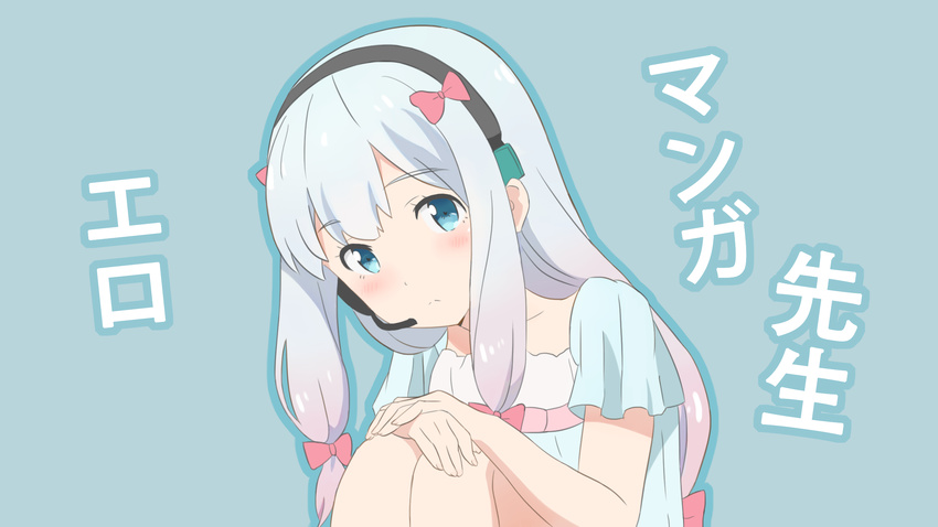 aqua_eyes eromanga-sensei fukuri gray_hair headphones izumi_sagiri loli long_hair microphone ribbons