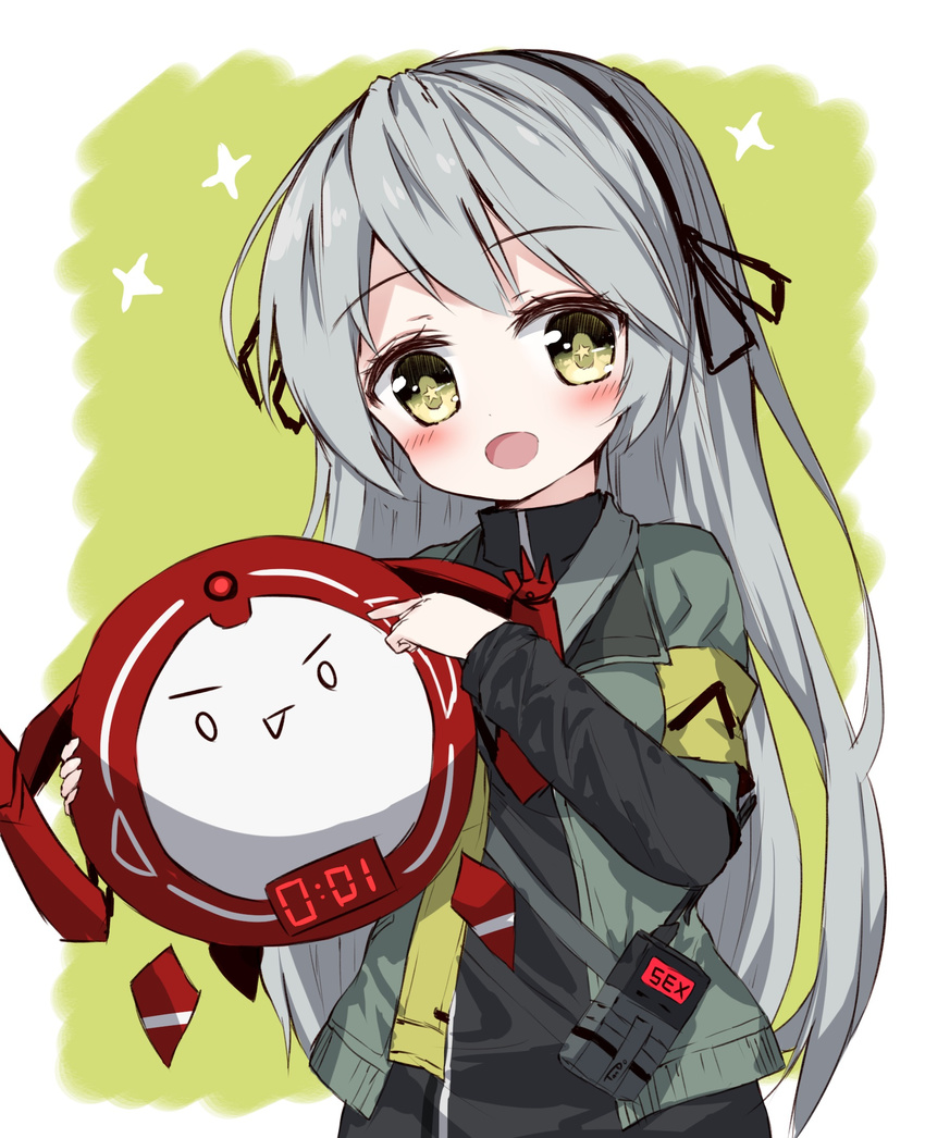 :d bangs black_hairband black_ribbon black_shirt blush eyebrows_visible_through_hair girls_frontline green_eyes green_jacket grey_hair hair_ribbon hairband head_tilt highres holding jacket long_hair long_sleeves looking_at_viewer open_clothes open_jacket open_mouth pointing ribbon shirt short_over_long_sleeves short_sleeves smile solo star star-shaped_pupils symbol-shaped_pupils tandohark ump40_(girls_frontline) very_long_hair walkie-talkie