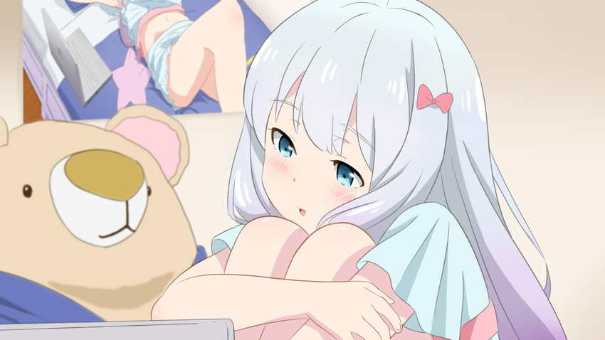 aqua_eyes barefoot blush close eromanga-sensei fukuri gray_hair izumi_sagiri loli long_hair ribbons