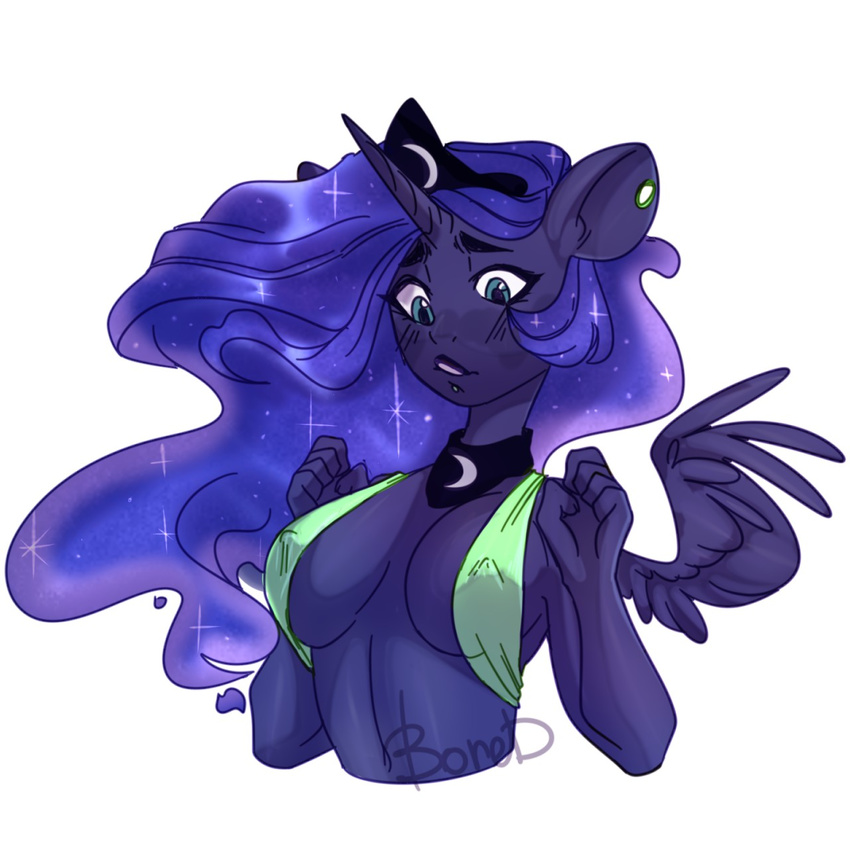 2018 anthro anthrofied bored_user breasts clothed clothing collar cosmic_hair crown ear_piercing equine facial_piercing female friendship_is_magic hair half-length_portrait hi_res horn lip_piercing long_hair mammal my_little_pony navel nipple_bulge piercing portrait princess_luna_(mlp) simple_background skimpy solo swimsuit white_background winged_unicorn wings
