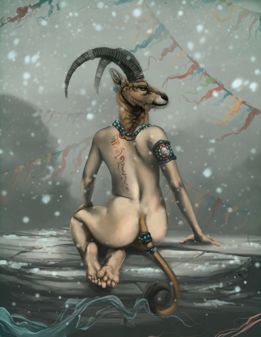 ambiguous_gender animal_head antelope armlet blackpassion777 brown_eyes brown_fur butt caprine detailed_background ear_piercing fur goat hi_res horn jewelry looking_back mammal necklace nude outside piercing rear_view runes sitting snow snowing solo tail_jewelry tail_tuft tattoo tuft