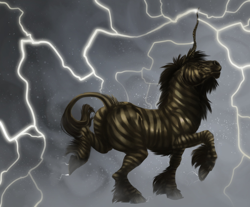 ambiguous_gender black_hair black_stripes blackpassion777 detailed_background equine feathering feral fur hair hi_res hooves horn lightning mammal outside prancing side_view solo standing storm storm_elemental stripes tail_tuft tuft unicorn white_fur zebra