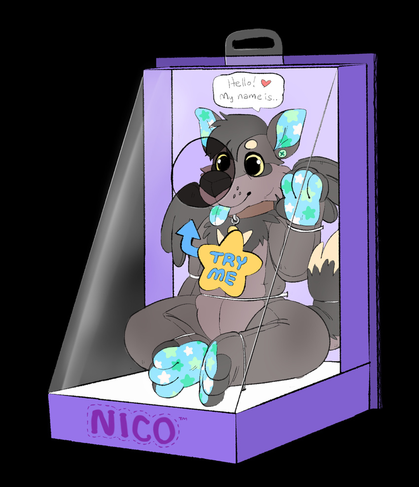 2017 3_fingers 3_toes anthro black_background black_eyes black_nose canine collar cubi digital_drawing_(artwork) digital_media_(artwork) dog english_text hi_res hindpaw male mammal nico_(neonslushie) paws plushie simple_background smile solo text toes tongue tongue_out toy wings