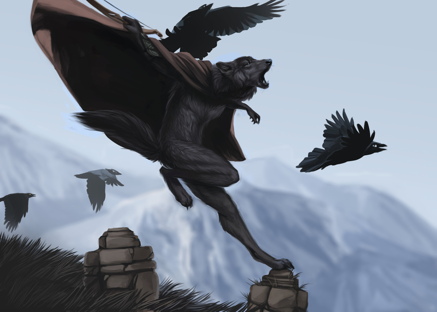 ambiguous_gender anthro avian beak bird black_fur blackpassion777 bow_(weapon) canine cape claws clothing cloud corvid detailed_background feathered_wings feathers flying fur group hi_res holding_object holding_weapon howl humanoid_hands jumping mammal mostly_nude mountain nature outside ranged_weapon raven running sky spread_wings tail_feathers weapon wings wolf