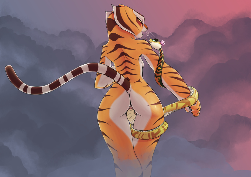 2018 anthro anthro_on_feral bestiality blush breasts butt claws elbow_tufts feline female female/female feral fur hi_res interspecies kung_fu_panda mammal master_tigress master_viper penetration pussy pussy_juice rear_view reptile sabrotiger scalie sex side_boob small_breasts snake steam striped_fur stripes tail_sex tiger tongue tongue_out tuft vaginal vaginal_penetration