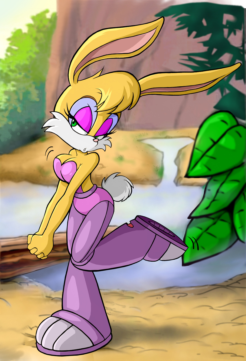 anthro breasts bunnie_rabbot chadthecartoonnut cleavage clothed clothing cybernetics cyborg female green_eyes hair hi_res lagomorph looking_at_viewer machine mammal rabbit solo sonic_(series)