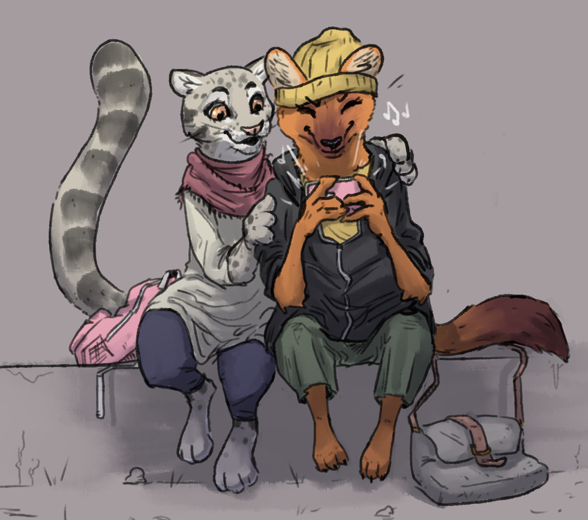 anthro backpack beanie book_bag canine cellphone clothed clothing clouded_leopard dhole digitigrade duo feline female hat hoodie mammal nobby_(artist) open_mouth phone scarf sitting whiskers