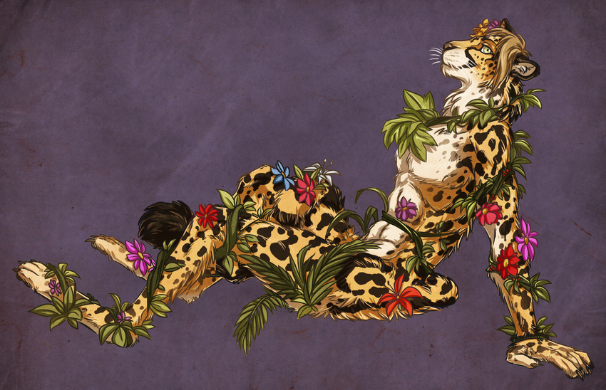 abstract_background anthro blackpassion777 blonde_hair brown_spots cheetah feline ferns flower fur green_eyes hair hi_res kouros leaves looking_at_viewer male mammal nude plant reclining side_view simple_background sitting solo spots textured_background vines yellow_fur