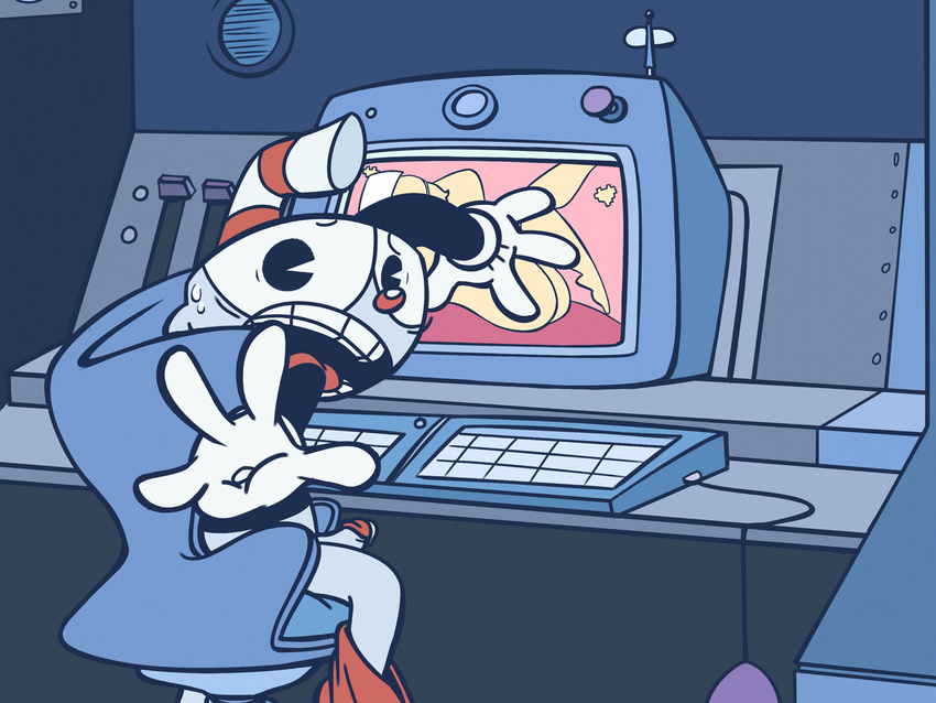 animate_inanimate caught chair clothing computer covering cuphead_(character) cuphead_(game) erection gloves hi_res humanoid lewddrawunknown looking_at_viewer male nervous not_furry object_head open_mouth pants penis precum red_nose shirt shorts silver_skin sitting solo straw sweat teeth tongue video_games