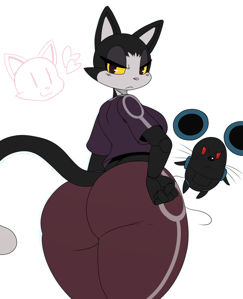 2014 angry anthro big_butt blush brown_eyes butt butt_pose cat clothed clothing digital_media_(artwork) feline female hand_on_hip hi_res huge_butt looking_at_viewer looking_back male mammal mouse pici_(character) rear_view red_eyes rodent scribble_(character) sssonic2 thick_thighs tight_clothing voluptuous wide_hips yellow_sclera