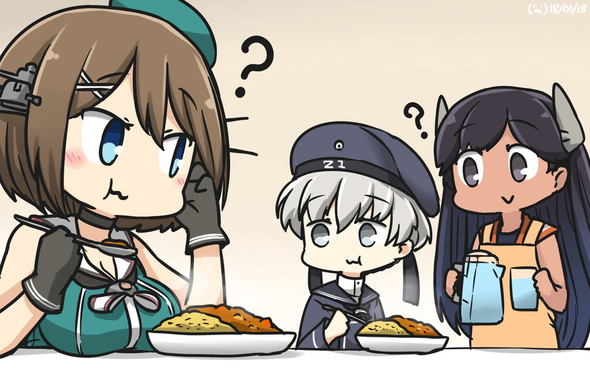 :&gt; ? apron beret black_eyes black_gloves black_hair blue_eyes blush breast_envy breast_rest breasts brown_hair commentary cup curry dated drinking_glass eating food gloves grey_eyes hair_ornament hamu_koutarou hat highres i-400_(kantai_collection) kantai_collection large_breasts long_hair maya_(kantai_collection) multiple_girls pitcher remodel_(kantai_collection) sailor_collar short_hair silver_hair spoon tan x_hair_ornament z1_leberecht_maass_(kantai_collection)
